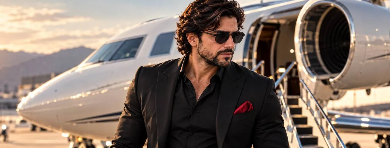 Bernardo Godoy con lentes oscuros y traje negro frente a un jet privado al atardecer