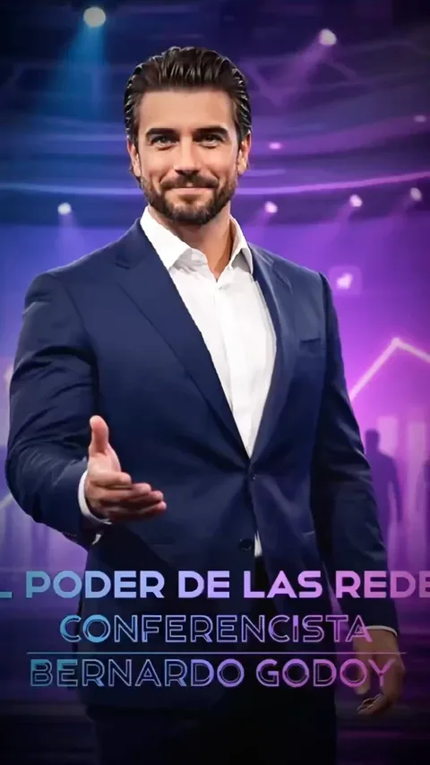 Fotograma del video: Bernardo Godoy con traje azul y la mano extendida, sobre un escenario de luces púrpura