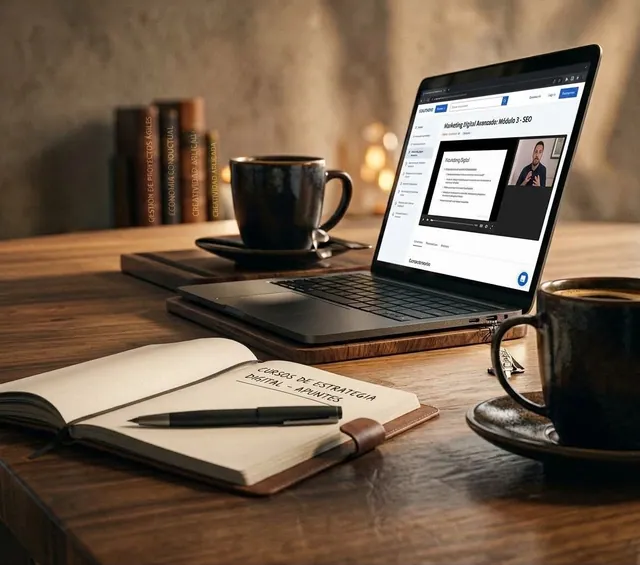 Laptop con un curso en línea, cuaderno de apuntes y una taza de café sobre una mesa de madera