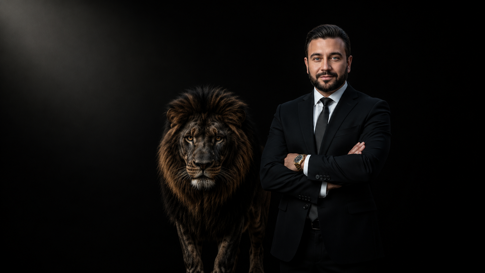 Bernardo Godoy de traje junto a un león, símbolo de liderazgo y autoridad