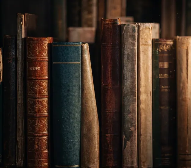 Lomos de libros antiguos encuadernados en piel