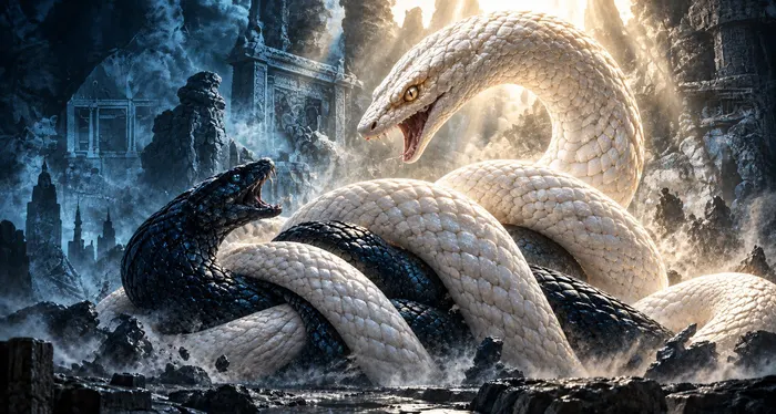 Una serpiente negra y una blanca enroscadas y enfrentadas entre ruinas antiguas y rayos de luz